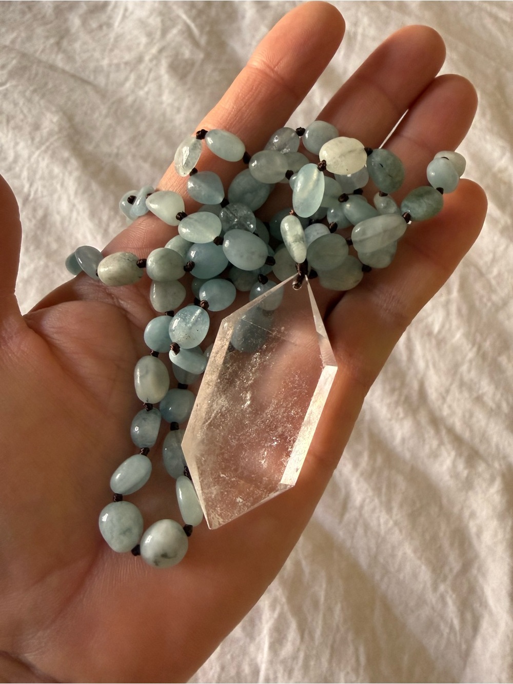 Aquamarine Bead Mala Necklace with Clear Quartz Pendant - Women Jewelry